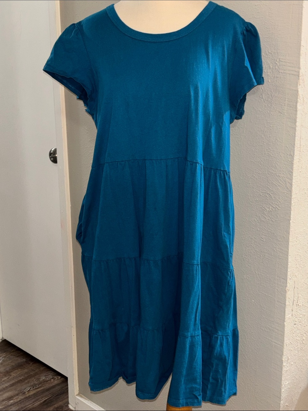 Blue Tiered Short Sleeve Women's Dress